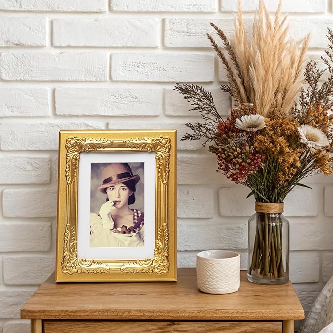 6x8 Gold Picture Frame with Baroque Flower Trim, Solid Wood with Real Glass, Display 6x8 Photos Matted to 4x6, Vertical and Horizontal Desk Tabletop or Wall Hanging，Ornate Vintage Style
