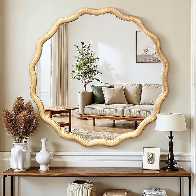 Circle Wood Mirrors for Wall, Wavy Round Bathroom Scalloped Mirror Wooden Frame 36 Inch for Living Room Farmhouse Bedroom Hallway Entryway Living Room with Shatterproof Glass Wall Mounted
