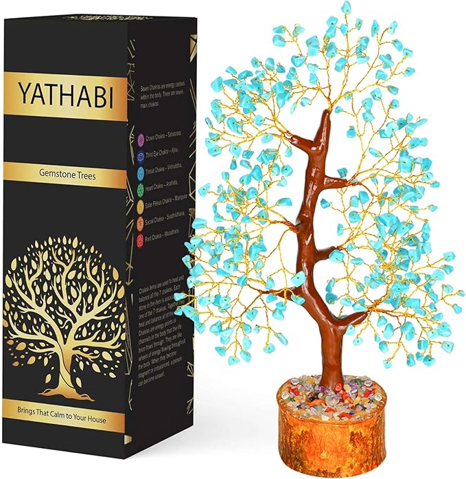 YATHABI Turquoise Crystal Sculpture - Feng Shui Money Tree - Good Luck, Positive Energy - Decorative Desk Accessory