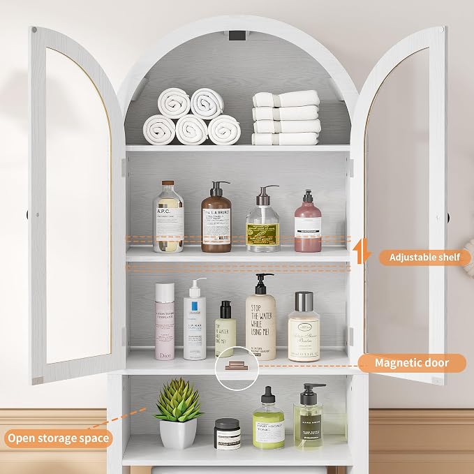White Over The Toilet Storage Cabinet with Acrylic Doors, 4 Tier Small Bathroom Shelf Organizer, Arched Bathroom Cabinet with Adjustable Shelf, Slim Narrow Toilet Rack, Wood, Anti-Tipping Device
