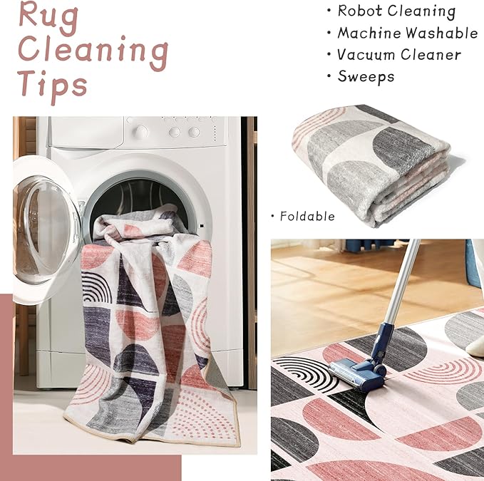 MUJOO Pink Rug Washable,6x9 Area Rugs for Living Room Bedroom Dining Room,Boho Large Throw Floor Carpet Non Slip Soft Modern Abstract Pink and Grey