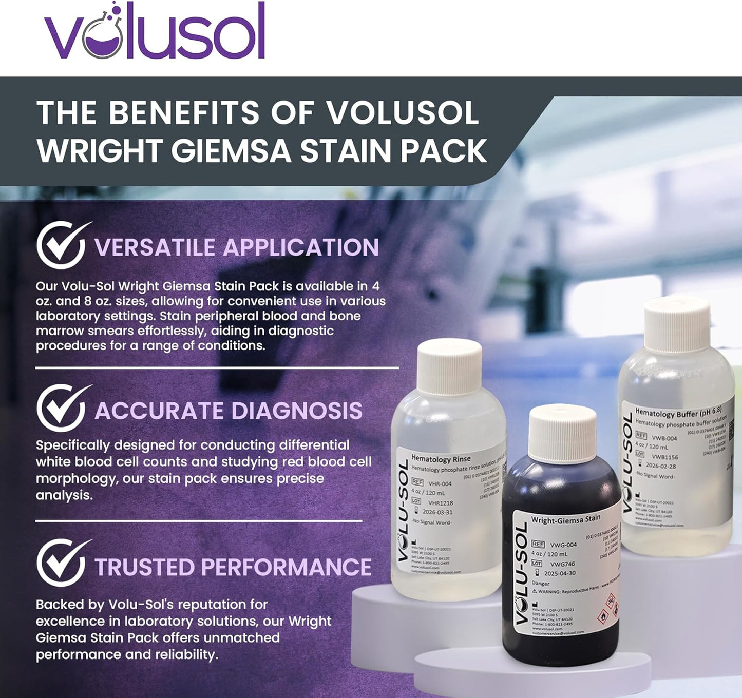 Volu-Sol Wright-Giemsa Stain Kit - Romanowsky Microscope Stain for Blood & Bone Marrow - 4 oz (118 ml) Each
