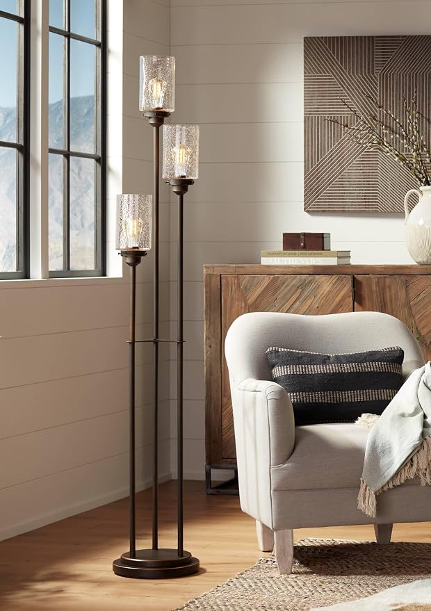 Franklin Iron Works Libby Industrial Modern 66" Tall Tree Floor Lamp with Smart Socket Oiled Bronze Brown Metal 3-Light Amber Seeded Glass Shade for Living Room Family Bedroom Office House Home