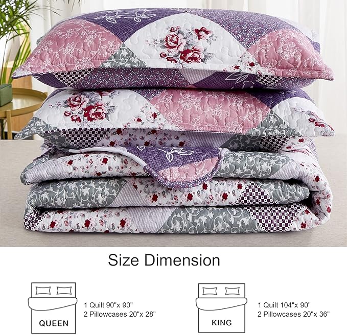 Dinjoy Purple Quilt Set California King Size, Reversible Floral Plaid Patchwork Pattern Bedding Set Soft Microfiber Lightweight Bedspread 3 Piece Summer Fall Use(106x96 inches, Cal King)