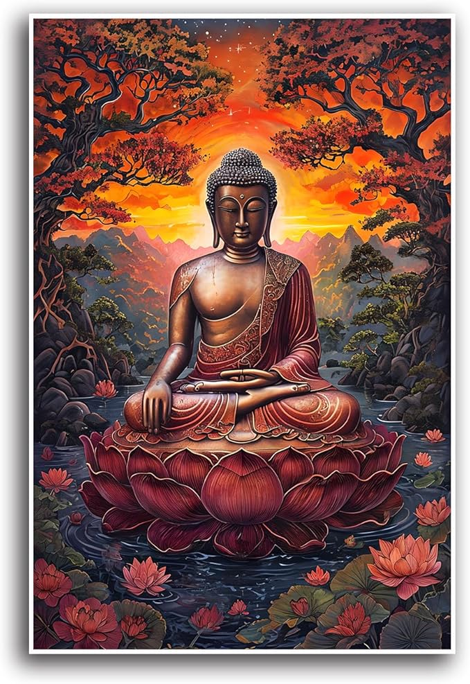 Golden Buddha on lotus seat serene meditation statue amidst lush trees flowing water and sunrise light spiritual home art for a tranquil decor 32x48in Frameless