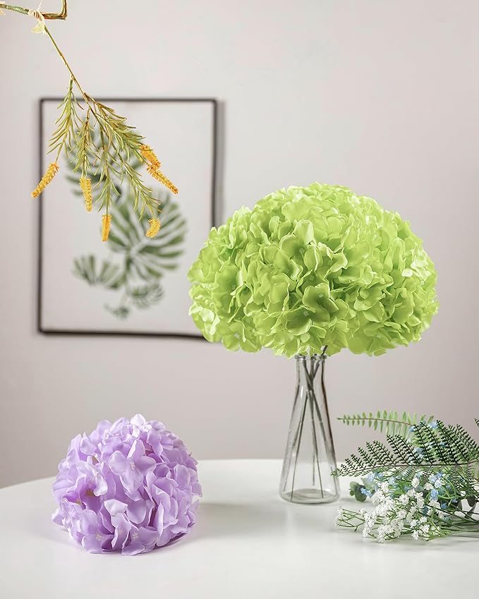 DuHouse 8.7" Silk Hydrangea Flower Heads with Stems Fake Hydrangeas Flowers for DIY Wedding Centerpiece Home Decor,Pack of 6(Light Green)