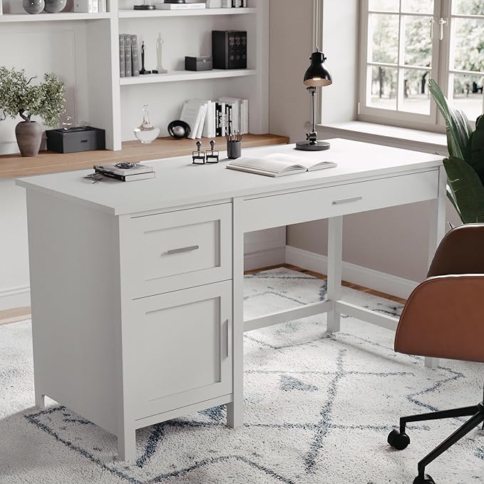 Martha Stewart Hutton Shaker Style Home Office Desk with Storage in Gray with Brushed Nickel Hardware