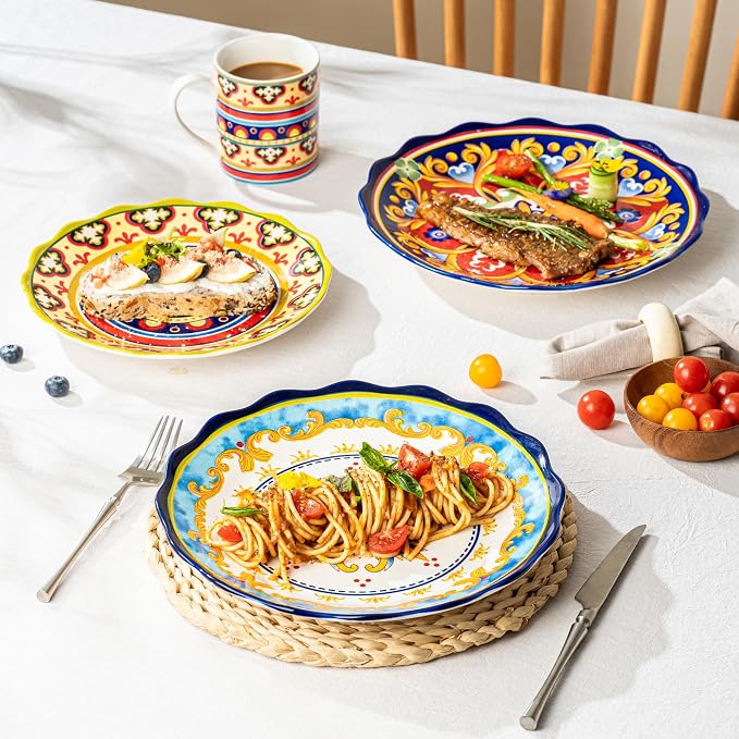 UNICASA Ceramic Dinner Plate Set of 4, 10.5 Inch Porcelain Pasta Plates Set– Serving Dishes for Salad, Steak, Colorful Boho Decoration, Microwave & Dishwasher Safe