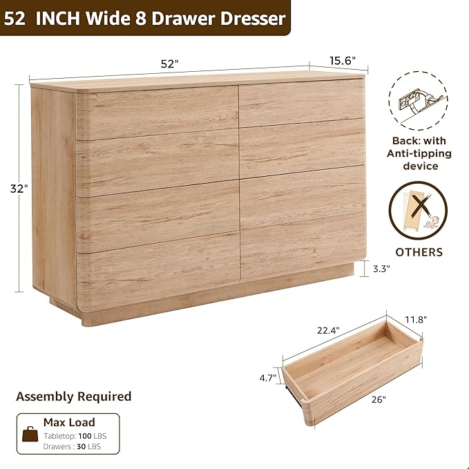 JXQTLINGMU 8 Drawer Dresser for Bedroom, Modern Push-to-Open Chest of Drawers, Large Wood Storage w/Curved Profile & Handleless Design, 52" Wide Dresser TV Stand for Bedroom, Living Room, Natural Oak