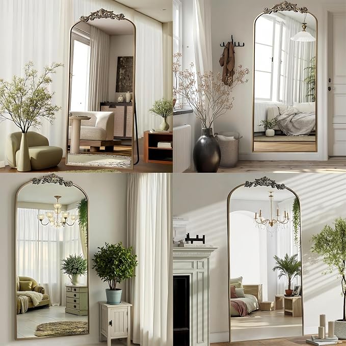 Dewfig Arched Full Length Mirror, 71"x28" Full Body Mirrors with Carved, Floor Mirror for HomeDecor, Standing/Halling Large Wall Mirror for Bedroom, Living Room, Cloakroom, Bronze, Retro Style