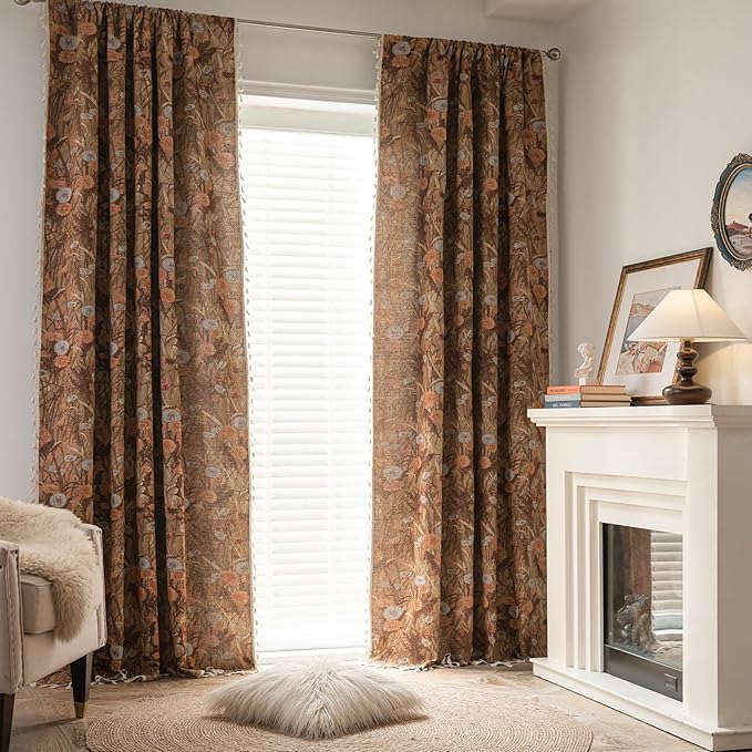 ENJOYBRIDAL Dandelion Curtains 63 Inches Long Bedroom Boho Drapes Short Semi Sheer Jacquard Rod Pocket Window Curtain Panels Vintage Living Room 2 Panels Decorative Tassel Farmhouse Window Treatments
