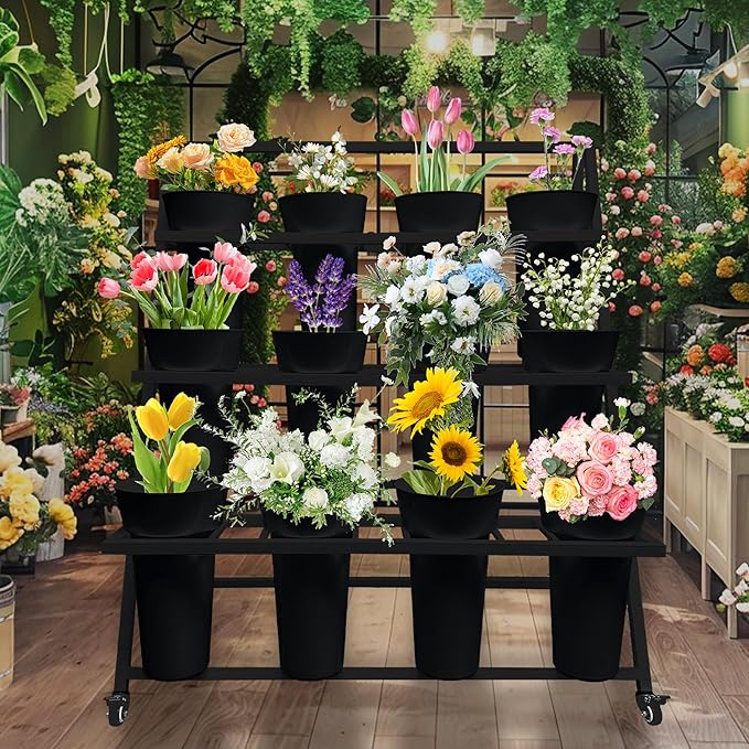 PROLEE Flower Display Stand with 12 Buckets, Flower Cart 3 Layers, Flower Stand Metal with Wheels, Moving Florist Bouquet Shelf, Triangular Rack Black