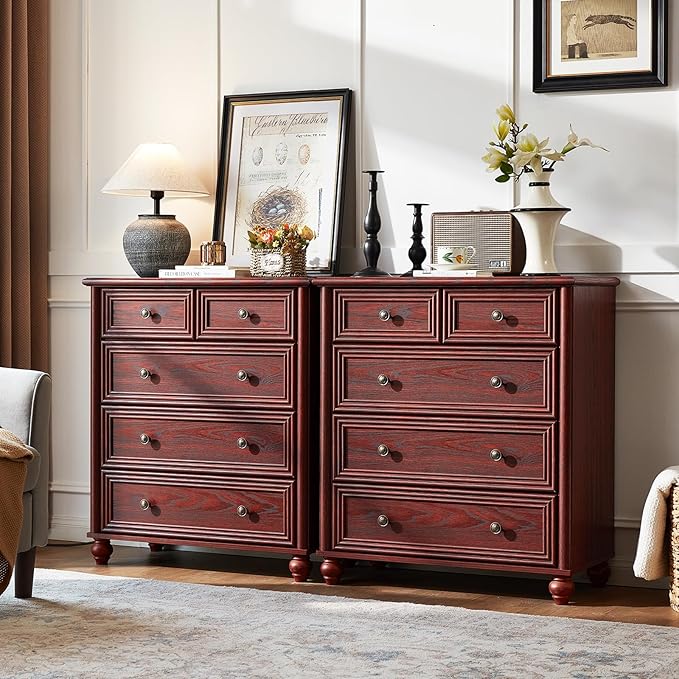 Farmhouse 5 Drawer Dresser Set of 2, Chest of Drawers for Bedroom, 35.5" Tall Dresser with Roman Column, Rustic Wood Storage Dressers Organizer for Living Room, Hallway, Closet(Red Oak)