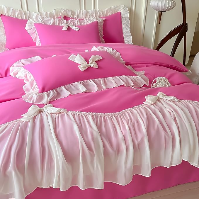 Girls Lace Bedding,Queen Comforter Cover Set, Chic Ruffled Duvet Cover with Lovely Bow,Princess Style 1 Duvet Cover with 2 Pillowcases, No Comforter-Hot Pink,Queen Size