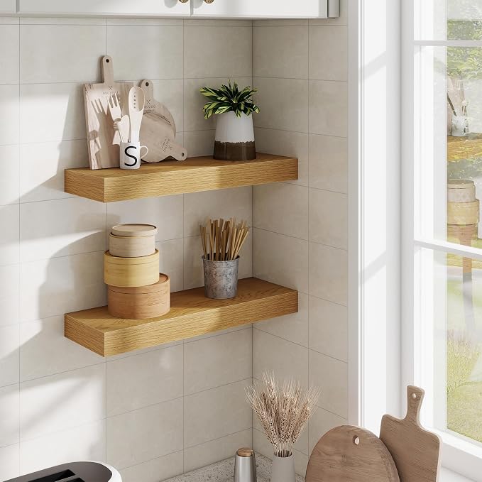 Fun Memories Floating Shelves Bathroom for Wall Mounted Shelves, 20 Inch Wood Shelf Set of 2, Home Storage & Display Decor, Oak
