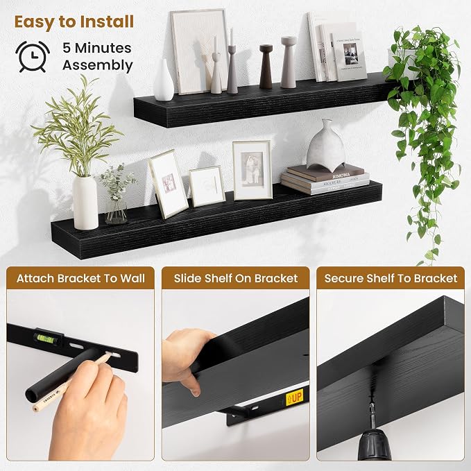 Fun Memories Floating Shelves for Room Wall, 36 Inch Long Shelf Set of 2， Hanging Wood Shelves for Storage & Display, Black