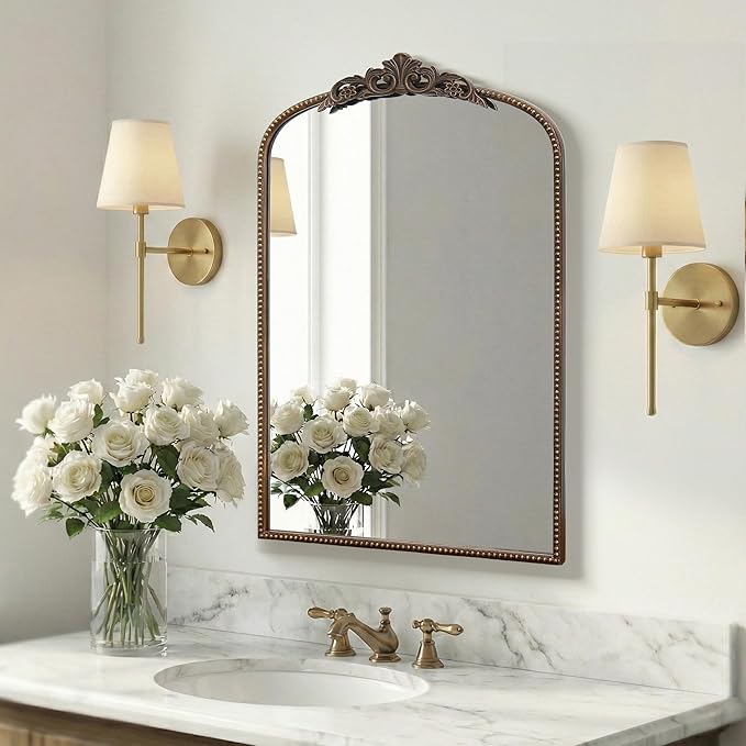 Micasso Traditional Ornate Bronze Mirror: 24"x36" French Baroque Antique Mirror - Decorative Vintage Arched for Wall/Bathroom/Entryway/Hallway/Living Room - Home Decor for Bathroom