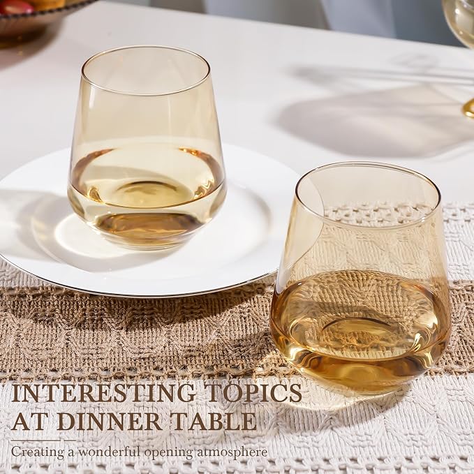 Amber Stemless Wine Glass Set of 6-17oz Wine Glasses, Stemless Drinking Glasses for Wine, Cocktails & Beverages - Elegant Glassware for Home, Bar & Holiday Use