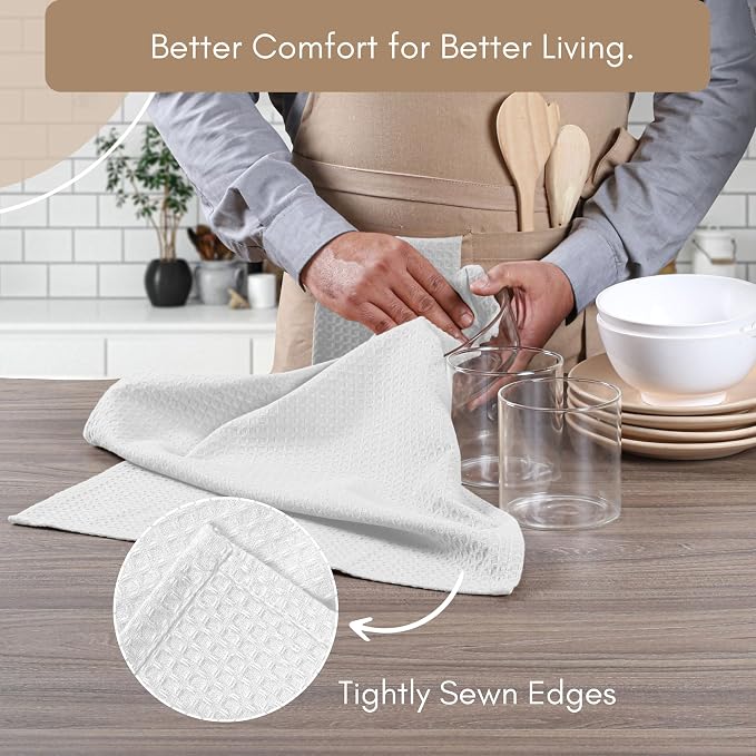 TWINY threads Kitchen Towel Waffle Weave, 4 Pack, 16x26 Inches, Premium Cotton Dish Rags, Absorbent Quick Drying Linen for Home and Restaurant Kitchens, Reusable Wash Cloths for Drying Dishes, White