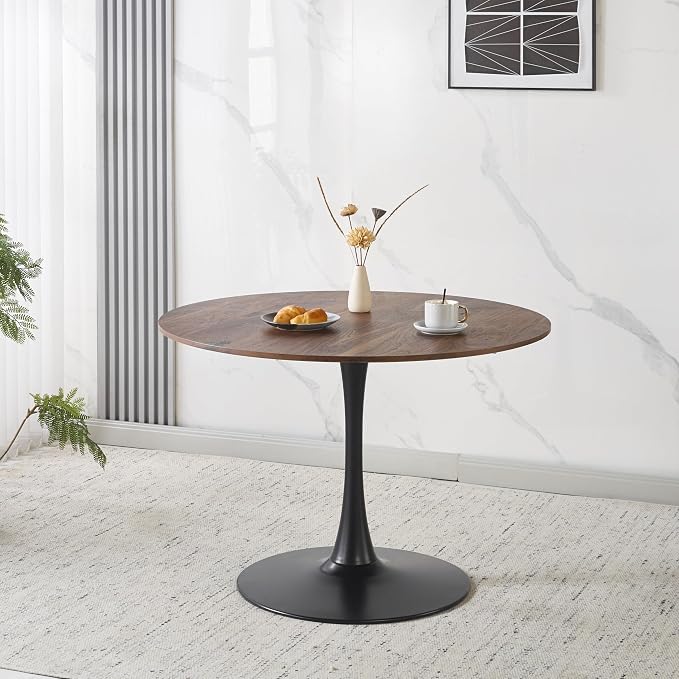 KEIKI 42.1" Round Dining Table, Mid Century Modern Bistro Table with Thickened MDF Tabletop & Metal Pedestal, for 4-6 People, Small Places, Cafe, Kitchen, Living Room, Walnut