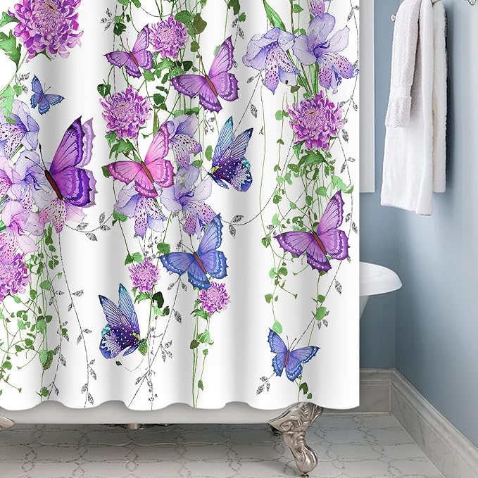 Violet Butterfly Floral Shower Curtain Spring Lavender Shower Curtain Lilac Pink Floral Bathroom Decor Waterproof Polyester Fabric with 12 Hooks,72x108 Inches