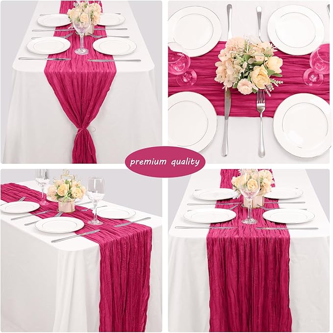 Fivenl Boho Gauze Table Runner - 35x72 Inch, Rustic Cheese Cloth, Hot Pink