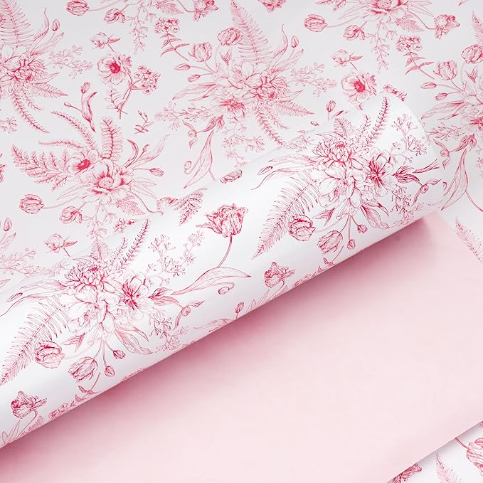 Yarcony Pink Floral Gift Wrapping Paper Roll, Bridal Shower Wrapping Paper, Vintage Toile Pink Floral Gift Wrap for Girl Birthday,Wedding, Mother's Day,Valentine's Day,Baby Shower (17 In X 16.5 Ft)