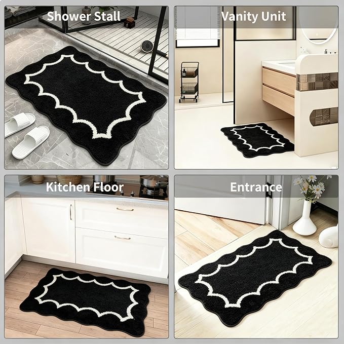Scalloped Black Bathroom Rugs Mat,Shaggy Soft Non Slip Absorbent Quick Dry Bath Mats for Shower Room,Plush Microfiber Bath Rug for Bathroom Floor Carpet for Tub Sink Bedroom,20"x32"