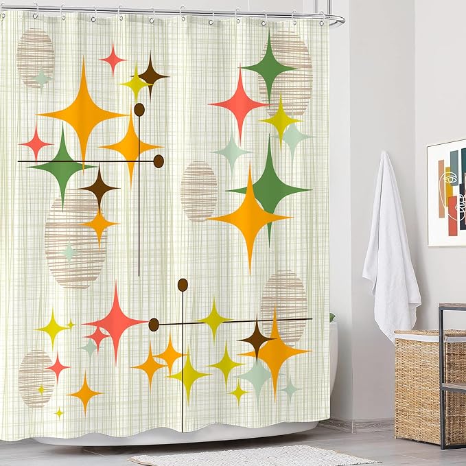 84 Inch Extra Long Mid Century Modern Shower Curtain Retro Stars Shower Curtains for Bathroom Abstract Vintage Boho Art Waterproof Fabric Bath Curtain Decor (Yellow1, 72'' x 84'')