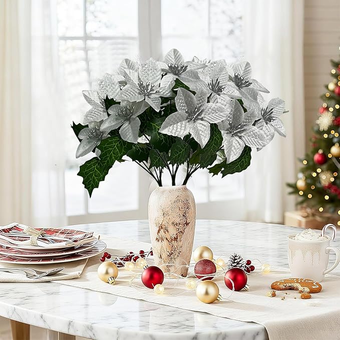 8 Pack 5 Heads Christmas Artificial Poinsettia Flowers Faux Poinsettia Bush Bouquets Silk Poinsettia Christmas Tree Ornaments Poinsettia Flower Arrangement for Home Decor