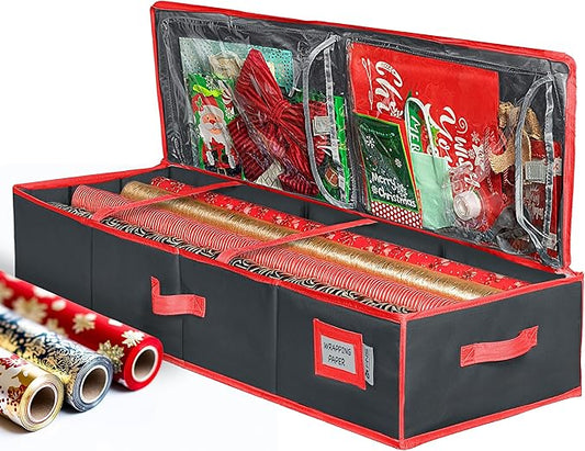 HOLDN’ STORAGE Premium Wrapping Paper Storage Container - Durable 600D Tear-Proof, Fits 27 Rolls Gift Wrap, Extra Pockets for Ribbons & Bows, Underbed Storage - Ideal for Holiday Christmas, Black