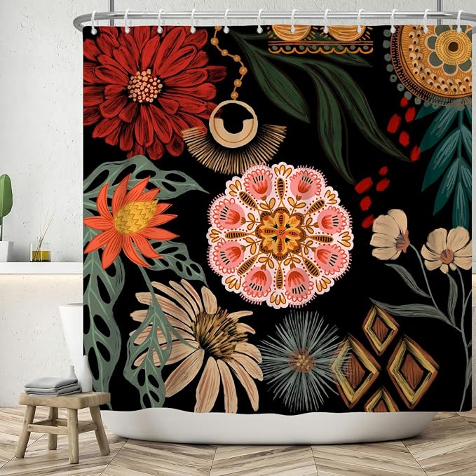 Black Boho Floral Shower Curtain Abstract Botanical Mid Century Modern Bathroom Decor Tropical Flower Shower Curtain with 12 Hooks,69x70 inches