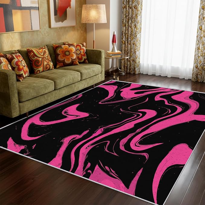 70s Rug 5x8 Retro Black Pink Abstract Hippie Pattern Area Rugs for Living Room, Bedroom, 70s Home Decor Accessories Indoor Carpet, Non Slip & Machine Washable, GD0387