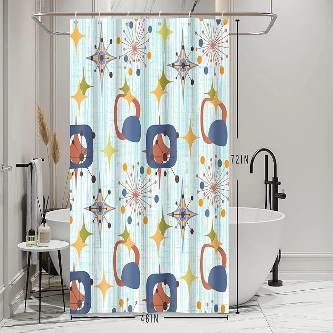 Mid Century Shower Curtain, 48x72inch, Modern Abstract Retro Blue Striped Geometric Shower Curtain Sets 1950s Boho Bathroom Shower Curtain with 8 Hooks