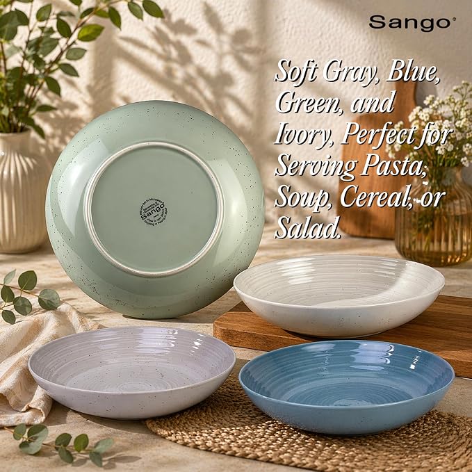 Sango Siterra Artist's Blend Stoneware Pasta Bowls (Set of 4) Multi Assorted Colors– Featuring Soft Gray, Blue, Green, and Ivory, for Everyday Dining & Entertainment, Microwave & Dishwasher Safe