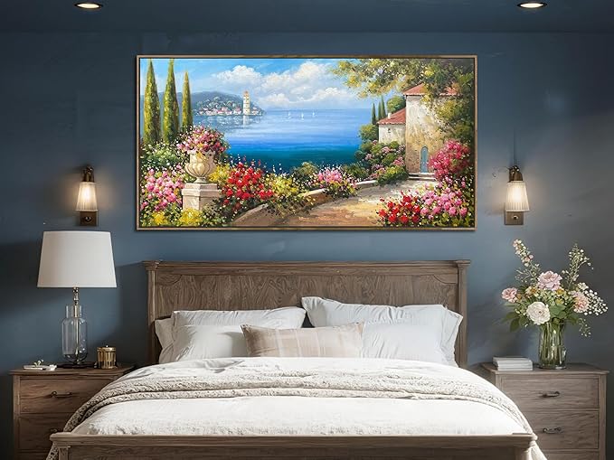 Arjun Large Wood Framed Landscape Wall Art Canvas Living Room Hand Painted, Mediterranean Seascape Painting Bedroom Flower Blue Ocean Picture Artwork Home Office Wall Decor, 48"x24"