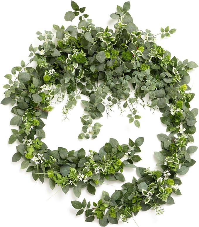 Ling's Moment 9FT Flower Garland for Backdrop Decorations - Wedding Arch Flowers, Eucalyptus & Rose, Artificial Floral Garland for Mantle - Sweetheart Table Decor for Beach Reception, Green