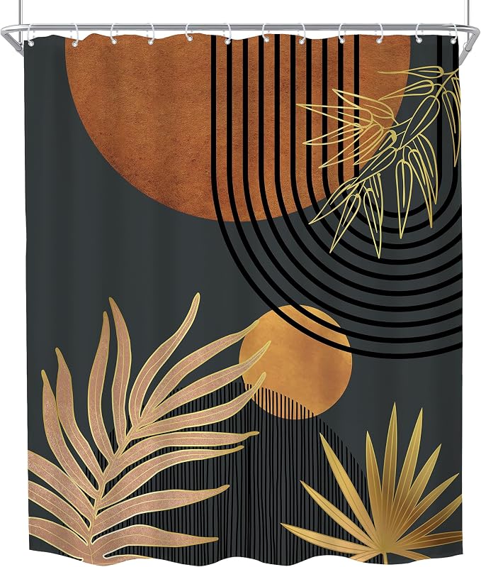 KOMLLEX Mid Century Brown Black Boho Shower Curtain 72Wx84L Inches Abstract Modern Shower Curtain for Bathroom Decor Plant Botanical Minimalist Arch Sun Fabric Liner Waterproof Polyester 12 Pack Hooks