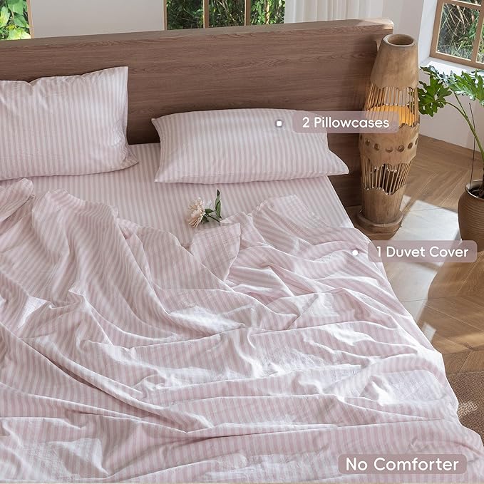 MooMee Striped Duvet Cover Set 100% Washed Cotton Linen Like Textured Breathable Durable Soft Comfy (Heathered Greyish Pink Classic Stripes, King 104"x90")