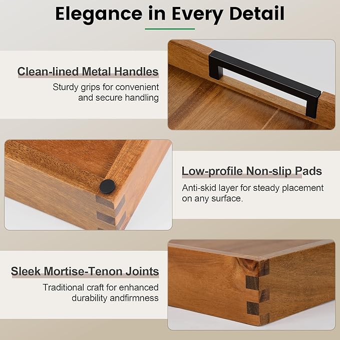 Large Ottoman Tray for Living Room and Coffee Table, Decorative Acacia Wood Serving Tray with Metal Handles for Breakfast in Bed, Dinner Food Kitchen TV (Natural, 17" x 17" x 2")