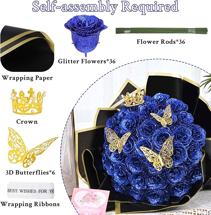 Waipfaru 36 Pcs Glitter Roses Bouquet, DIY Fake Flowers Bouquet, Artificial Blue Rose Bouquet for Valentines, Mothers Day Gifts, Anniversary, Engagement, Wedding