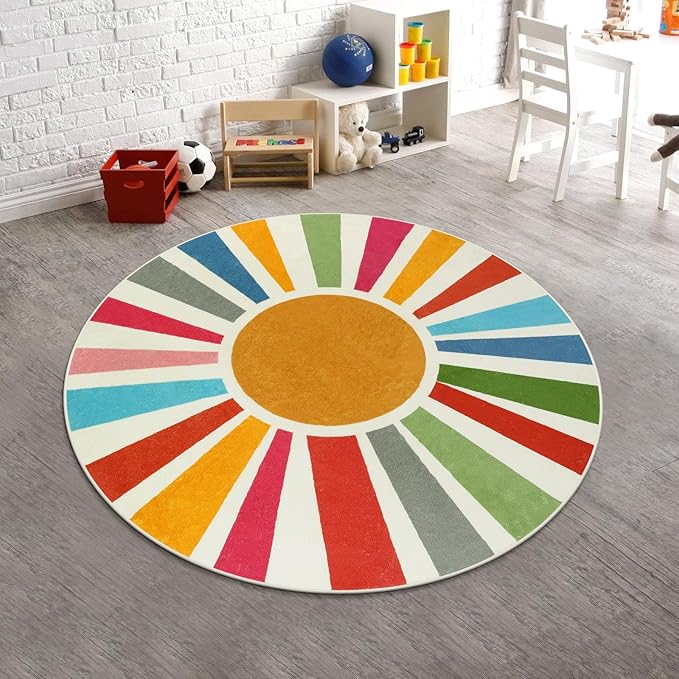 STARUIA Boho Washable Rug 5 Ft Round Area Rug for Bedroom, Rainbow Circle Kids Rugs for Office, Non-Slip Circluar Carpet Soft Sunshine Rugs for Dorm Nursery Sofa Living Room Corner
