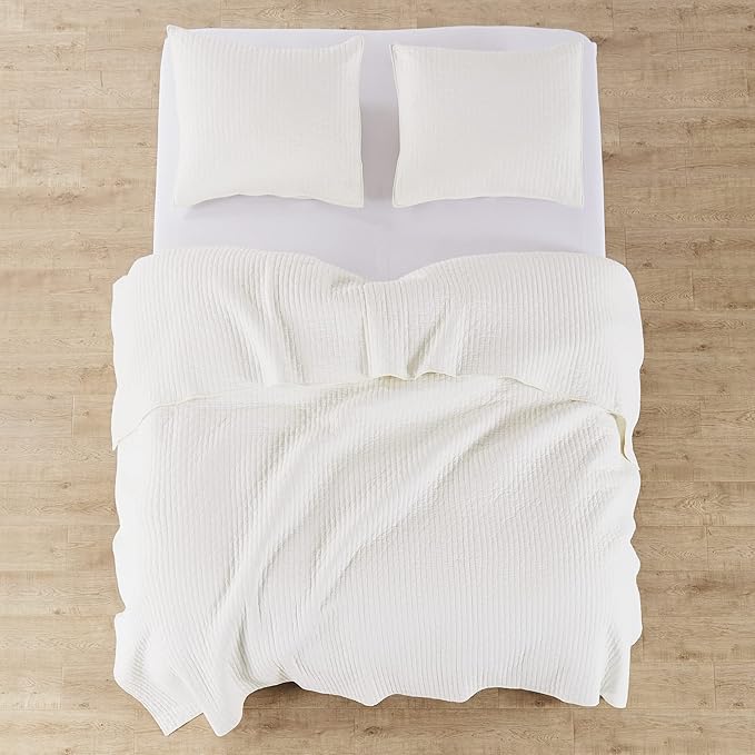 Levtex Home Cross Stitch Reversible King Bedspread Set (120x104in) with 2 Pillow Shams (36x20in) - Stitch Texture - Cream - Cotton King Size Bedspread Set - Soft, Pre-Washed