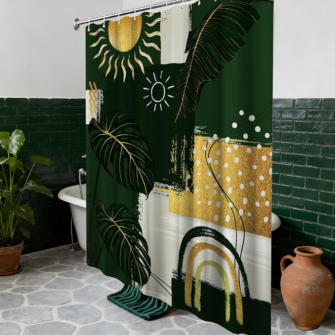 Green and Gold Mid Century Modern Shower Curtain Bohemian Abstract Shower Curtains for Bathroom Decor Sets, Waterproof Cloth Fabric with Hooks, 72x84 Inch