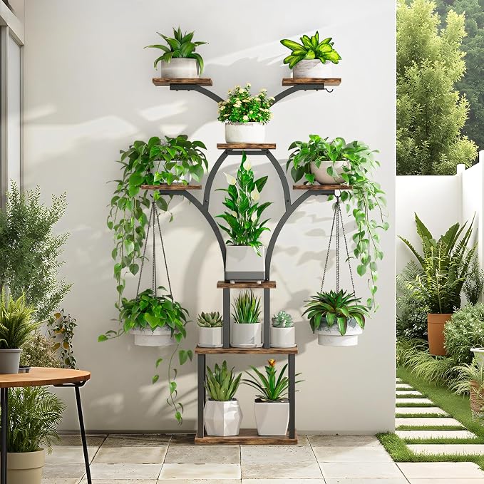 Elbourn 8 Tiered 60" Plant Stand Indoor Shelf with 3 Grow Lights (Brown) | Corner Shelf Decor