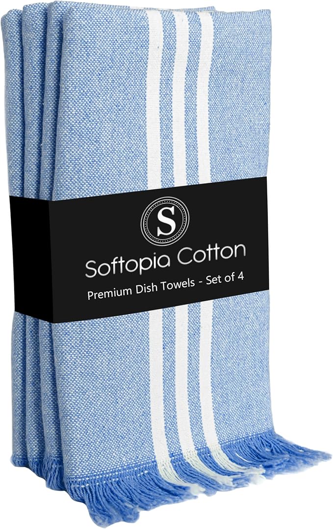 Stripe Kitchen Dish Towels 4 Pack, 16x26 Inches, 100% Cotton Tea Towels, Quick Dry Wash Rags, Reusable and Washable Dishcloths, Absorbent Hand Towel for Everyday Use - Sky Blue