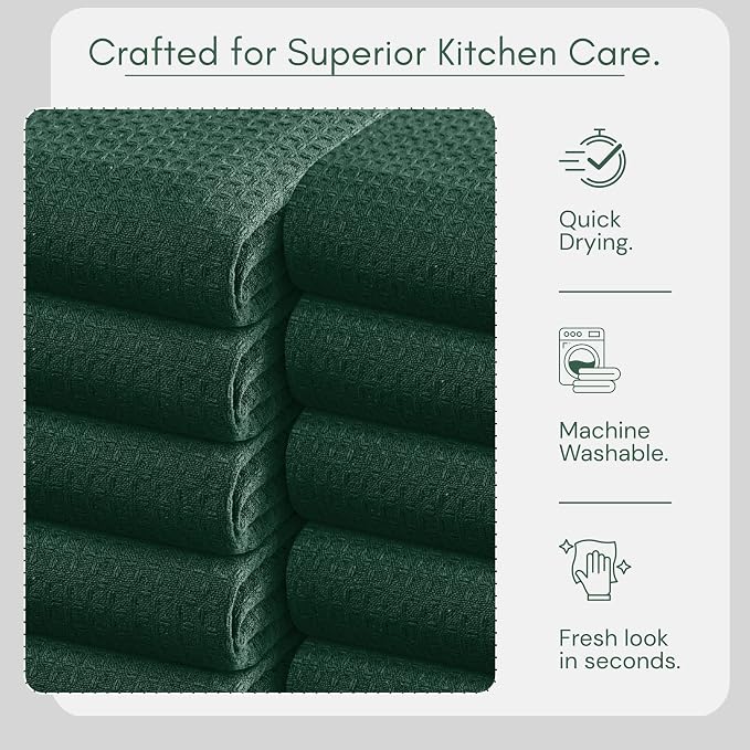 TWINY threads Kitchen Towels - Set of 6, 100% Cotton Waffle Weave Easter Dish Towels with Hanging Loop, Soft and Washable for Table Cleaning, Dinning, Parties - 16"X 26" - Olive Green