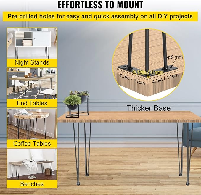 VEVOR Hairpin Table Legs 16" Black Set of 4 Desk Legs 880lbs Load Capacity (Each 220lbs) Hairpin Desk Legs 3 Rods for Bench Desk Dining End Table Chairs Carbon Steel DIY Heavy Duty Furniture Legs