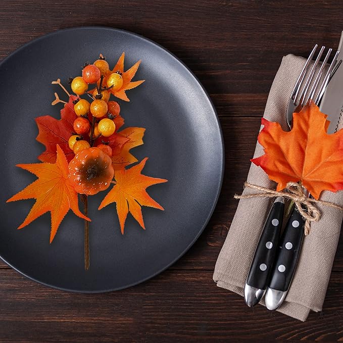 6 Pack Fall Stems Artificial Berry Picks Fall Picks with Pumpkin Maple Leaves Branches Decorations for Harvest Autumn Thanksgiving Day Flower Arrangements Wreaths Indoor Outdoor Home Decor