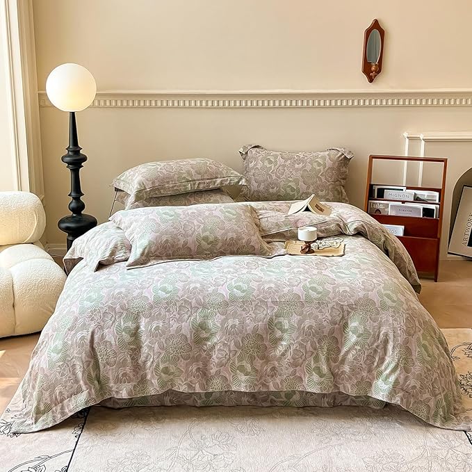 EAVD Vintage Style Pink Floral Duvet Cover Queen Soft 100% Cotton Muslin Yarn-Dyed Jacquard Textured Duvet Cover with Zipper Closure Linen Like Gauze Floral Bedding Set with 2 Pillowcases